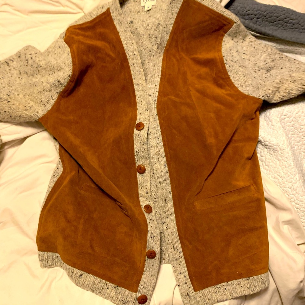 Mens J Crew wool and Italian suede cardigan
